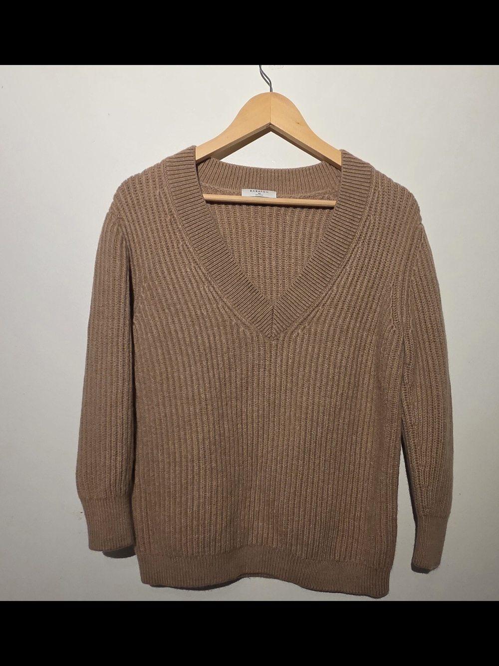 Babaton V-Neck Ribbed Sweater in Tan